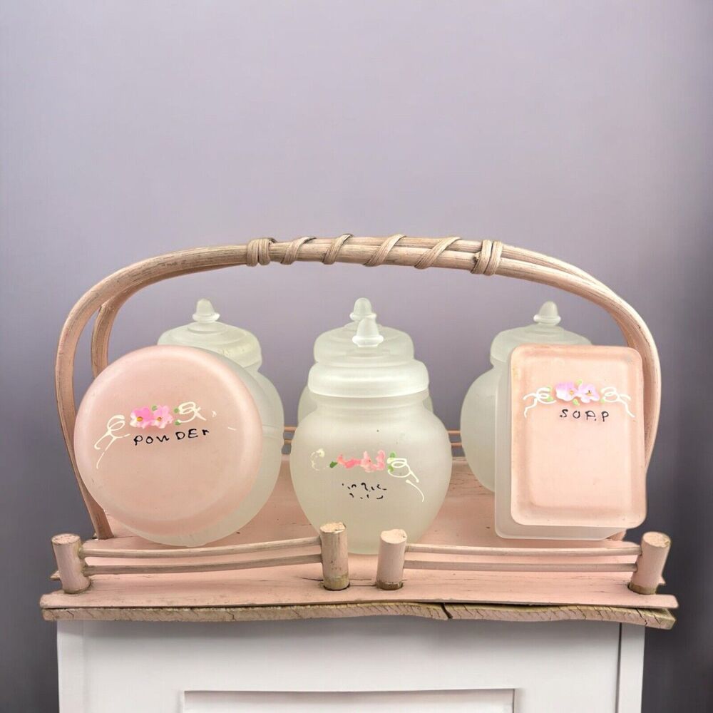 40's Frosted Glass Pink Floral Apothecary Jar Container Vintage 7pc Nursery Set
